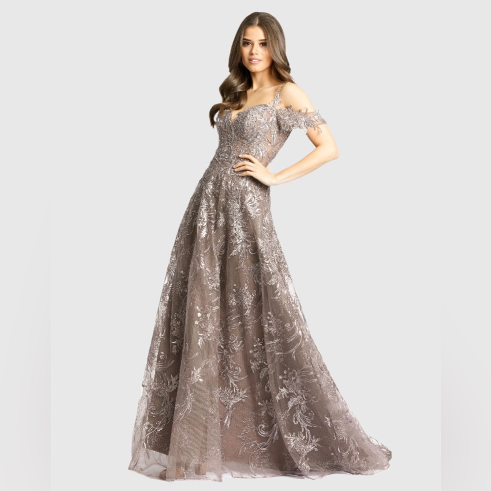 NWT $998 Mac Duggal Off The Shoulder Corset Waist Embroidered Mesh Aline Dress
